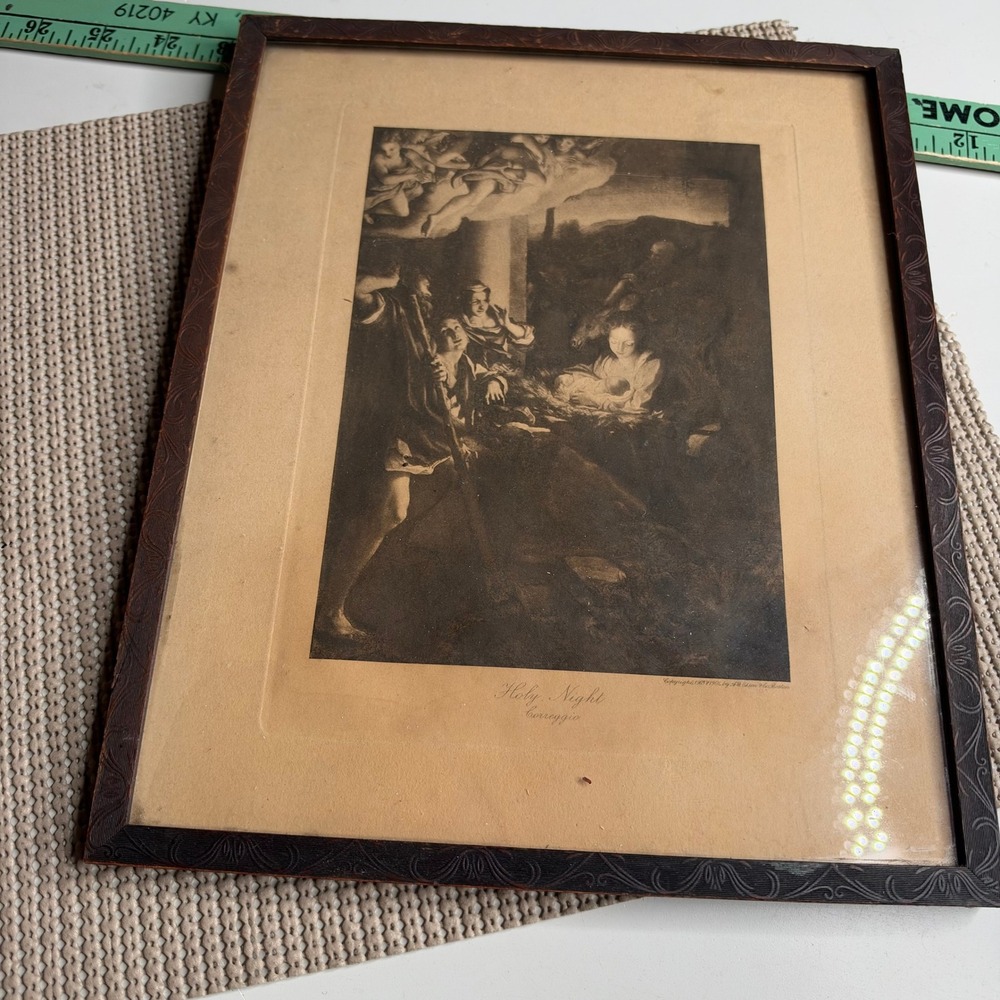 Antique 1901 Holy Night Correggio Art Print AW Elson Boston Framed Nativity Art